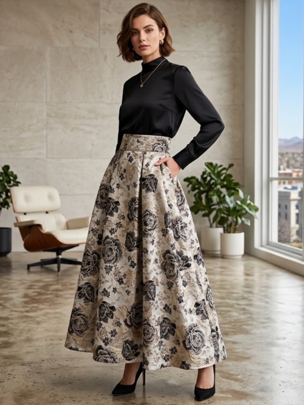 Womens Petite Floral Maxi Length Pleated Skirt S tailored blk Beige Gold Pockets